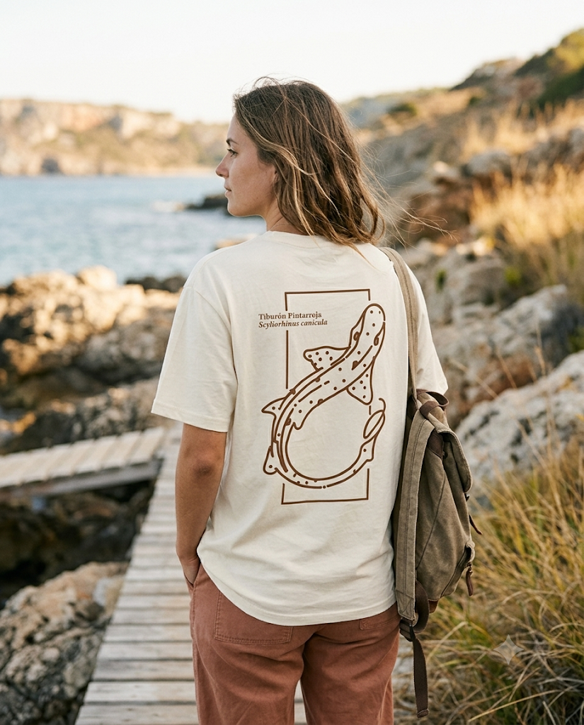 Persona con camiseta Fauma de tiburón pintarroja en la costa